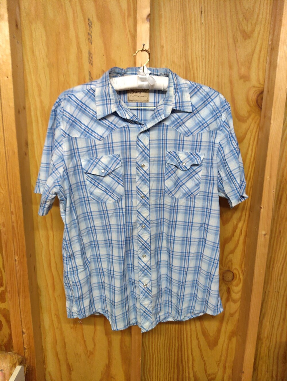 Wrangler Mens XL Short Sleeve Pearl Snap Western Plaid Shirt Light Blue White